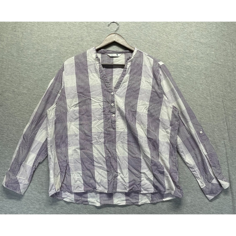 Riders by Lee Woven Shirt Womens XL Purple White Plaid V Neck Roll Tab Sleeves